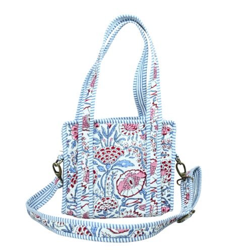 Floral Hand Print Cotton Quilted Mini Sling Tote Bag
