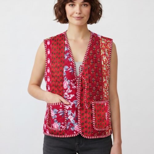 Elegant Patchwork Style Cotton Quilted Jacket In Red & Multicolor