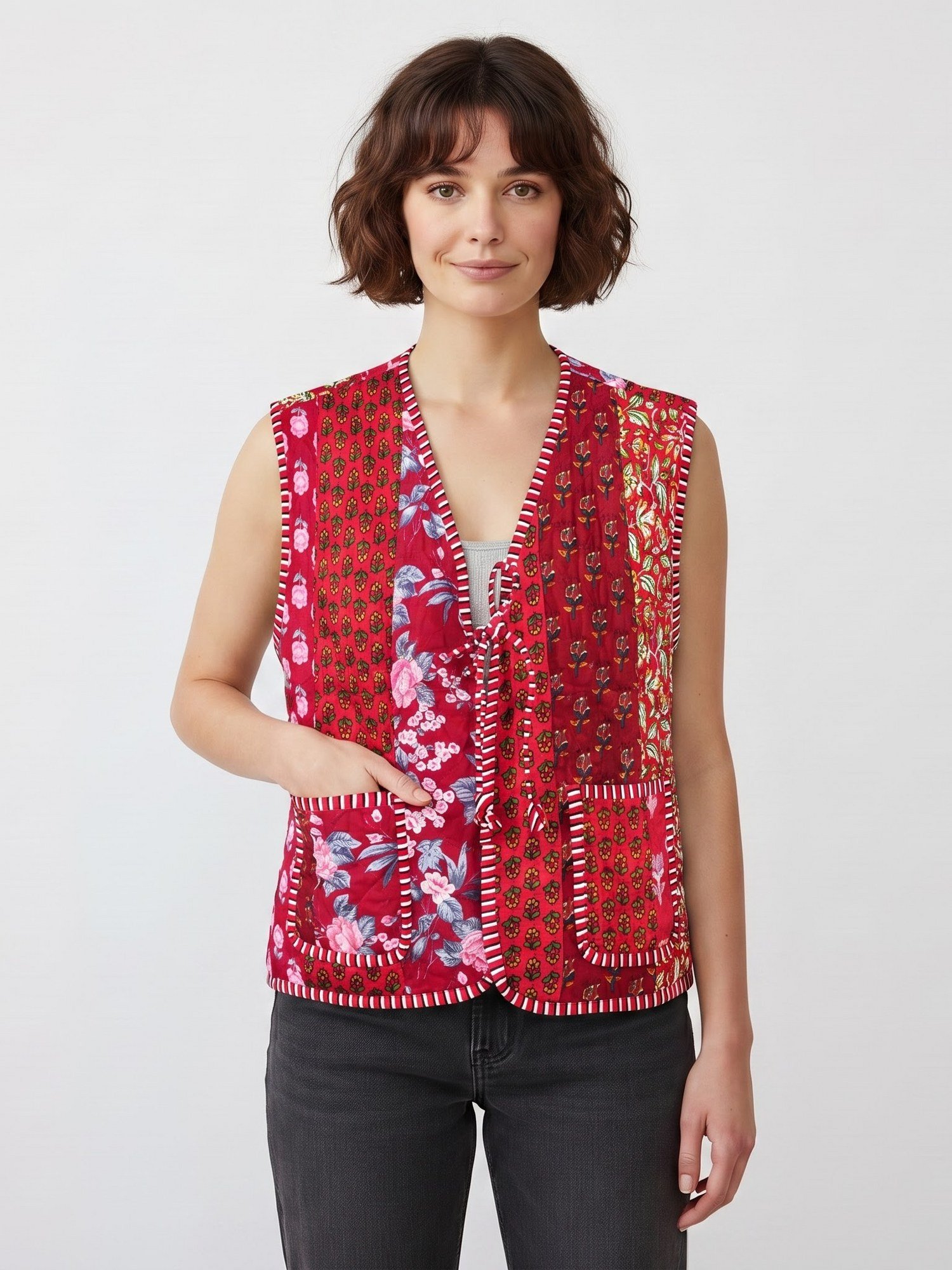 Elegant Patchwork Style Cotton Quilted Jacket In Red & Multicolor