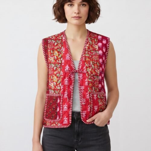 Red Beauty Patchwork Style Cotton Quilted Jacket In Red & Multicolor