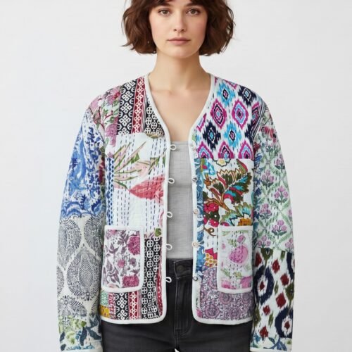 Happy Patch Style Cotton Quilted Jacket In White & Multicolor
