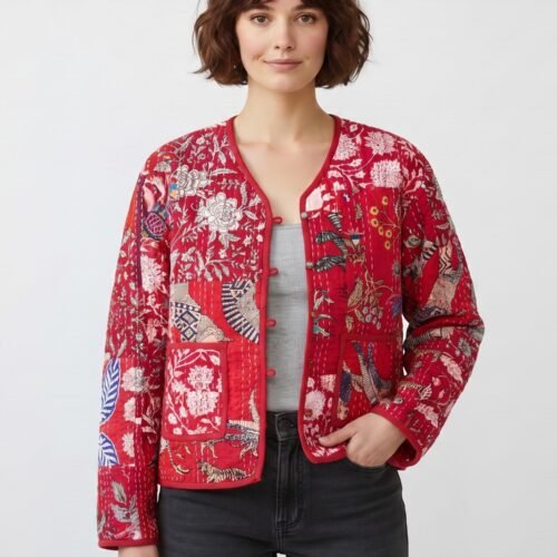 Happy Vibe Patchwork Style Cotton Quilted Jacket In Red & Multicolor