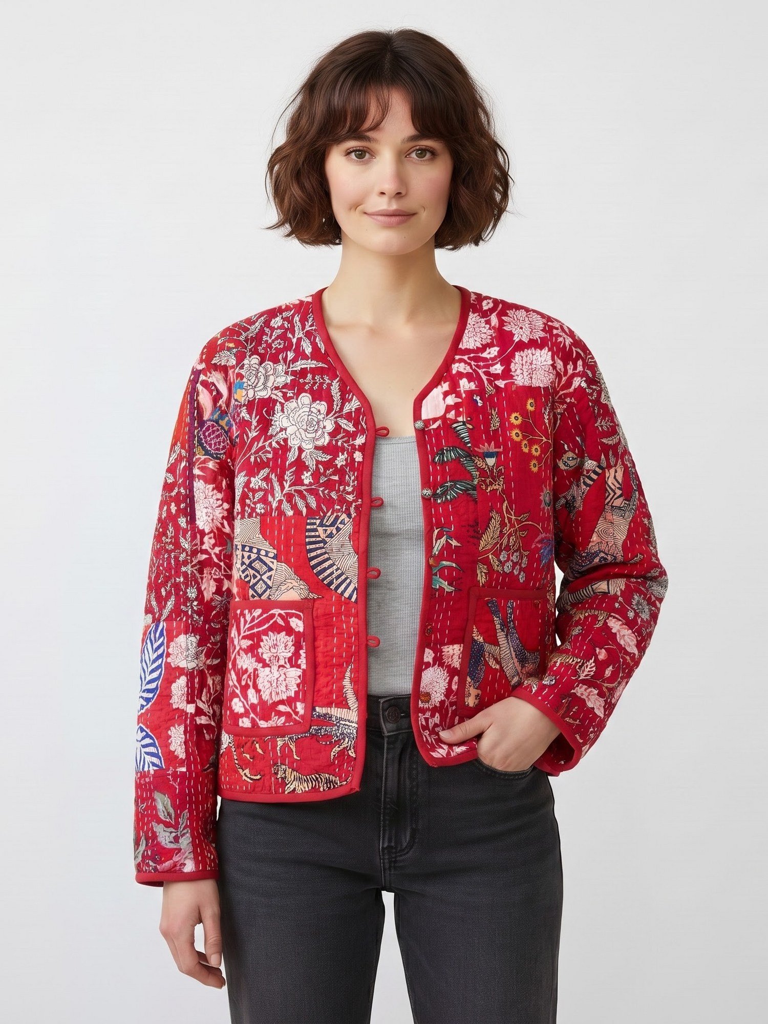 Happy Vibe Patchwork Style Cotton Quilted Jacket In Red & Multicolor