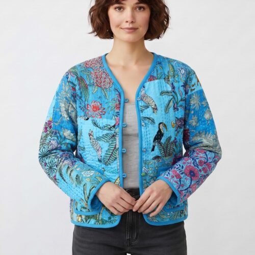 Joy Vibe Patchwork Style Cotton Quilted Jacket In Sky blue & Multicolor