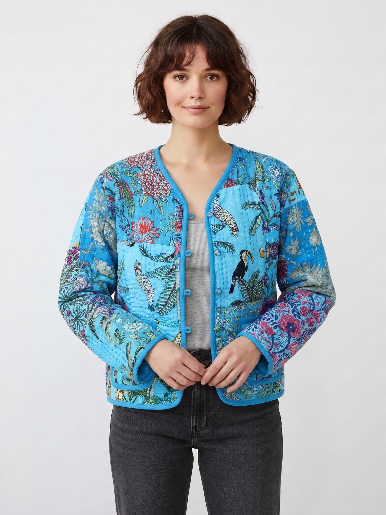 Joy Vibe Patchwork Style Cotton Quilted Jacket In Sky blue & Multicolor