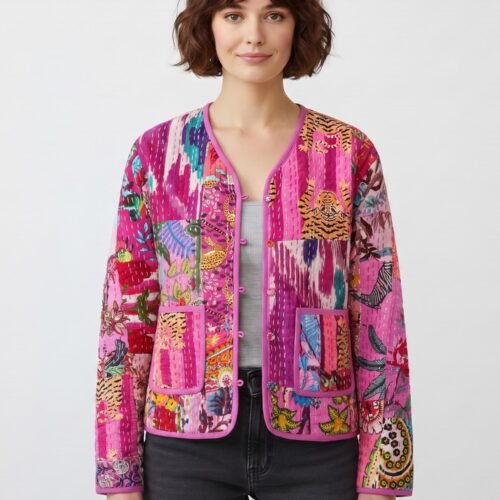 Graceful Patchwork Style Cotton Quilted Jacket In Pink & Multicolor