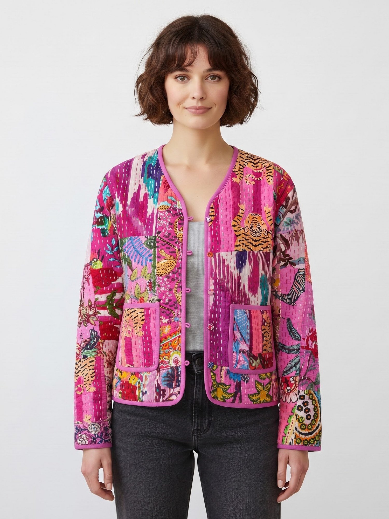 Graceful Patchwork Style Cotton Quilted Jacket In Pink & Multicolor