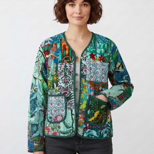 The Garden Patchwork Style Cotton Quilted Jacket In Green & Multicolor