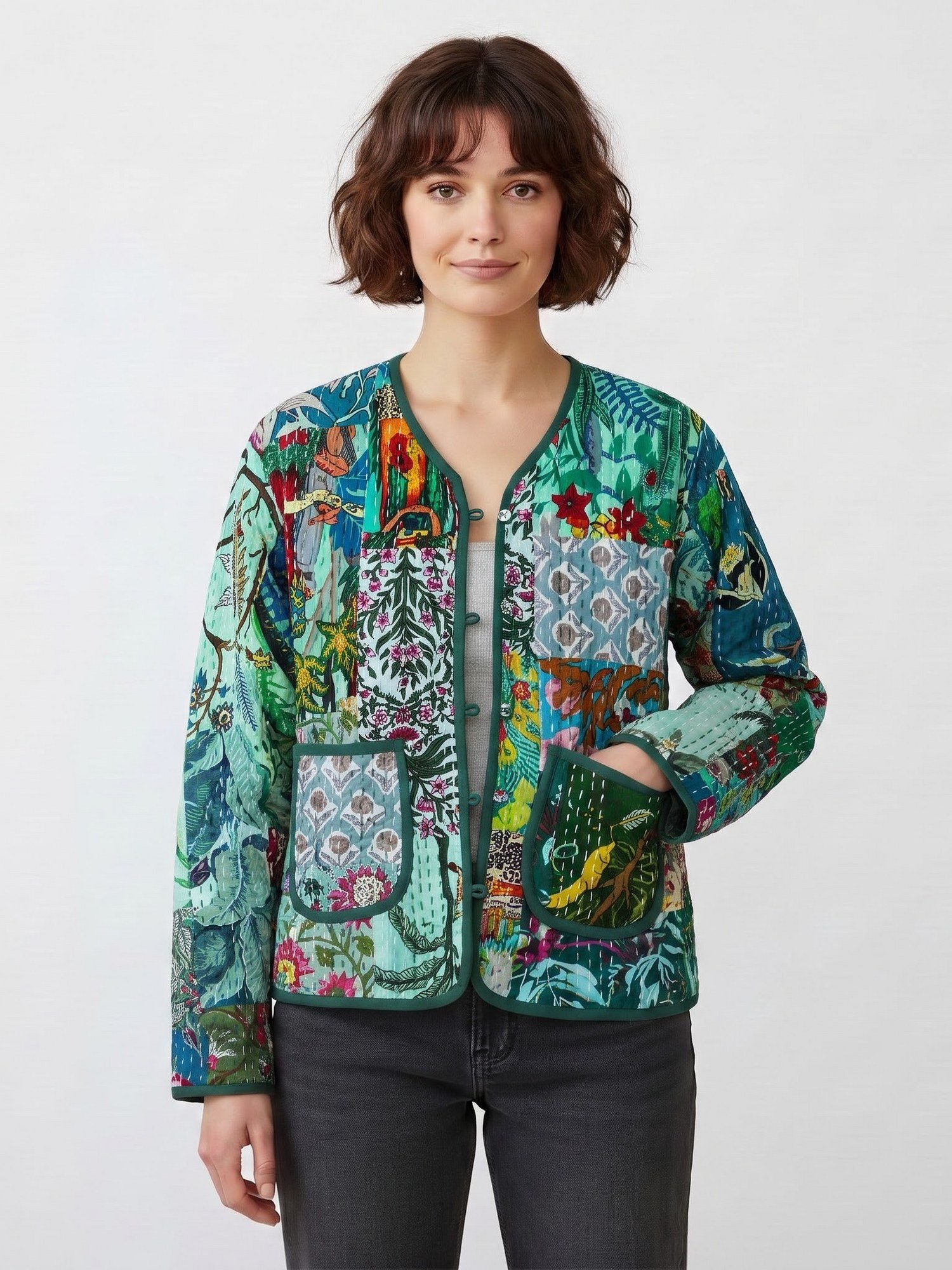 The Garden Patchwork Style Cotton Quilted Jacket In Green & Multicolor