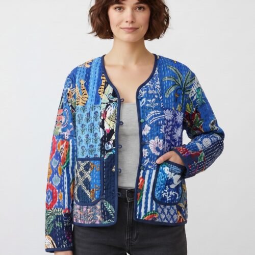 The Charm Patchwork Style Cotton Quilted Jacket In Blue & Multicolor