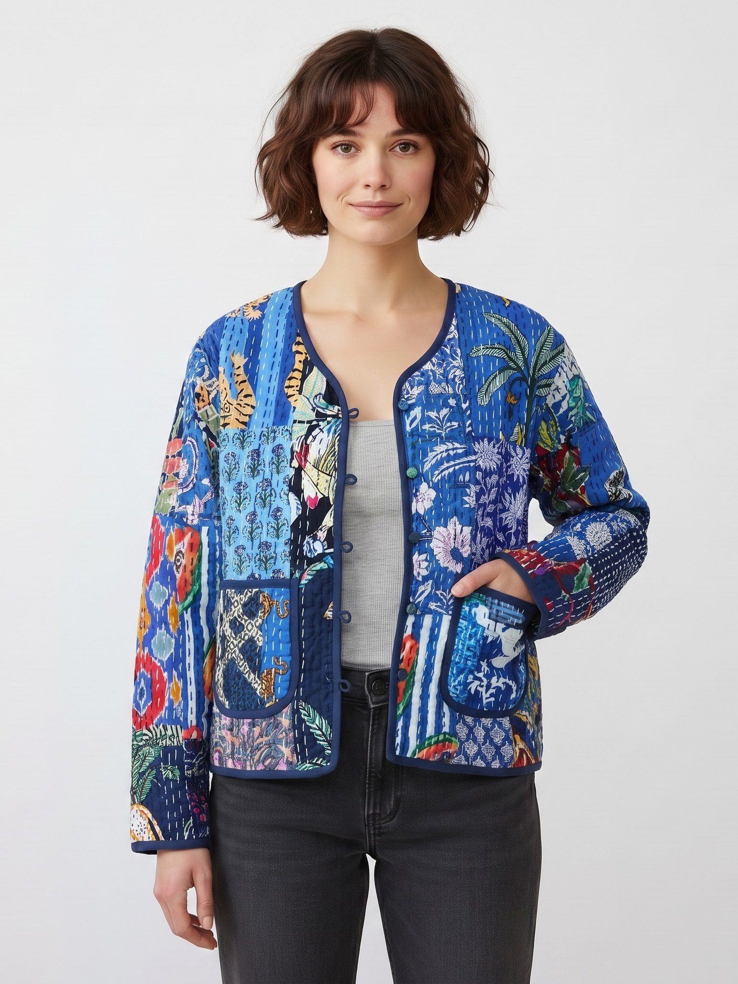 The Charm Patchwork Style Cotton Quilted Jacket In Blue & Multicolor