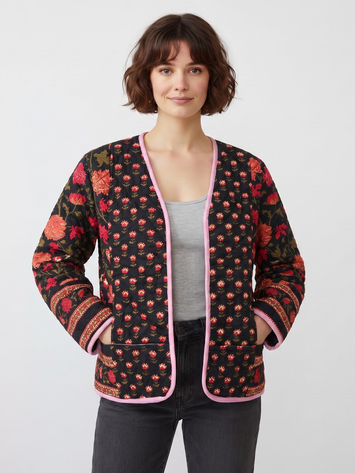 The Divine Patchwork Style Cotton Quilted Jacket In Blue & Multicolor