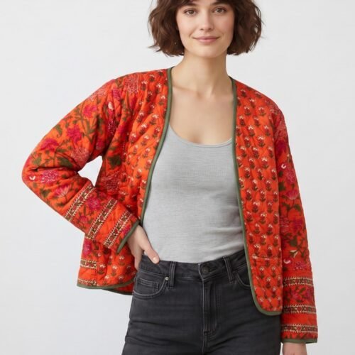 Daisy Patchwork Style Cotton Quilted Jacket In Orange & Multicolor