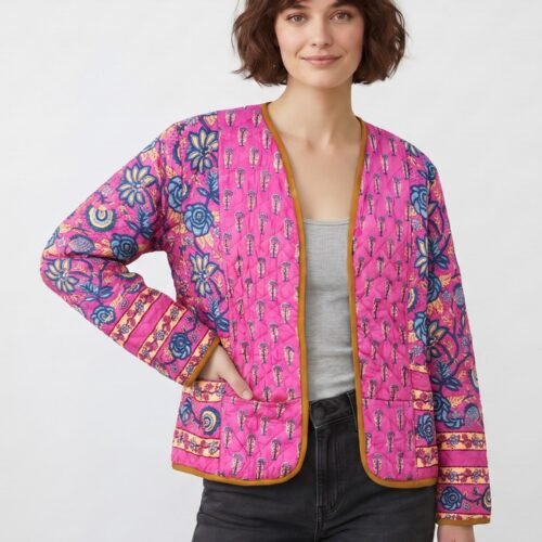 Flora Patchwork Style Cotton Quilted Jacket In Pink & Multicolor