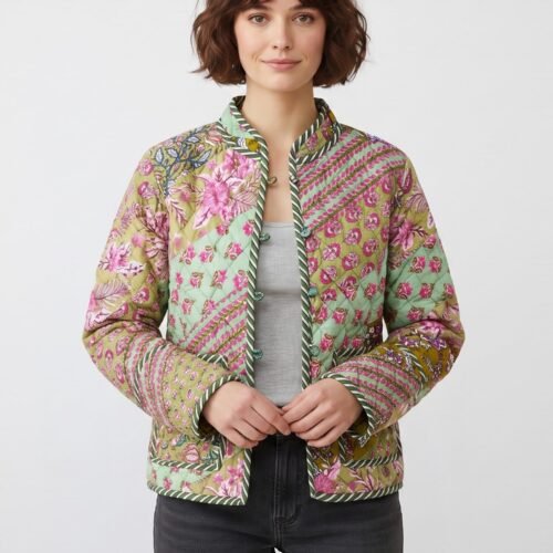 Pretty Patchwork Style Cotton Quilted Jacket In Olive Green & Multicolor