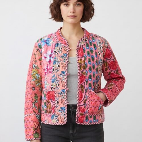 Pearl Patchwork Style Cotton Quilted Jacket In Peach & Multicolor