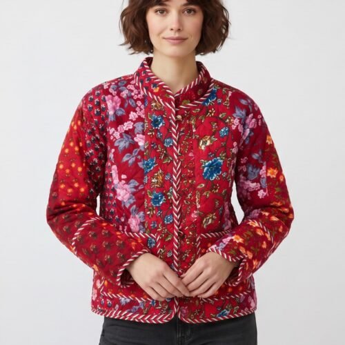 Floral Patchwork Style Cotton Quilted Jacket In Red & Multicolor