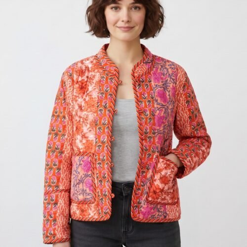 Patch Dream Patchwork Style Cotton Quilted Jacket In Orange & Multicolor