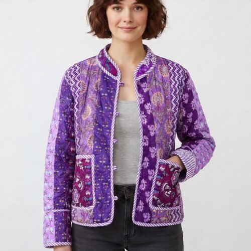 Elegant and feminine Patchwork Style Cotton Quilted Jacket In Purple & Multicolor