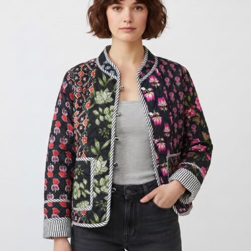 Modern & Artistic Patchwork Style Cotton Quilted Jacket In Black & Multicolor