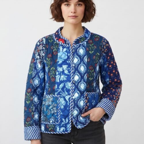 Simple & Premium Patchwork Style Cotton Quilted Jacket In Blue & Multicolor