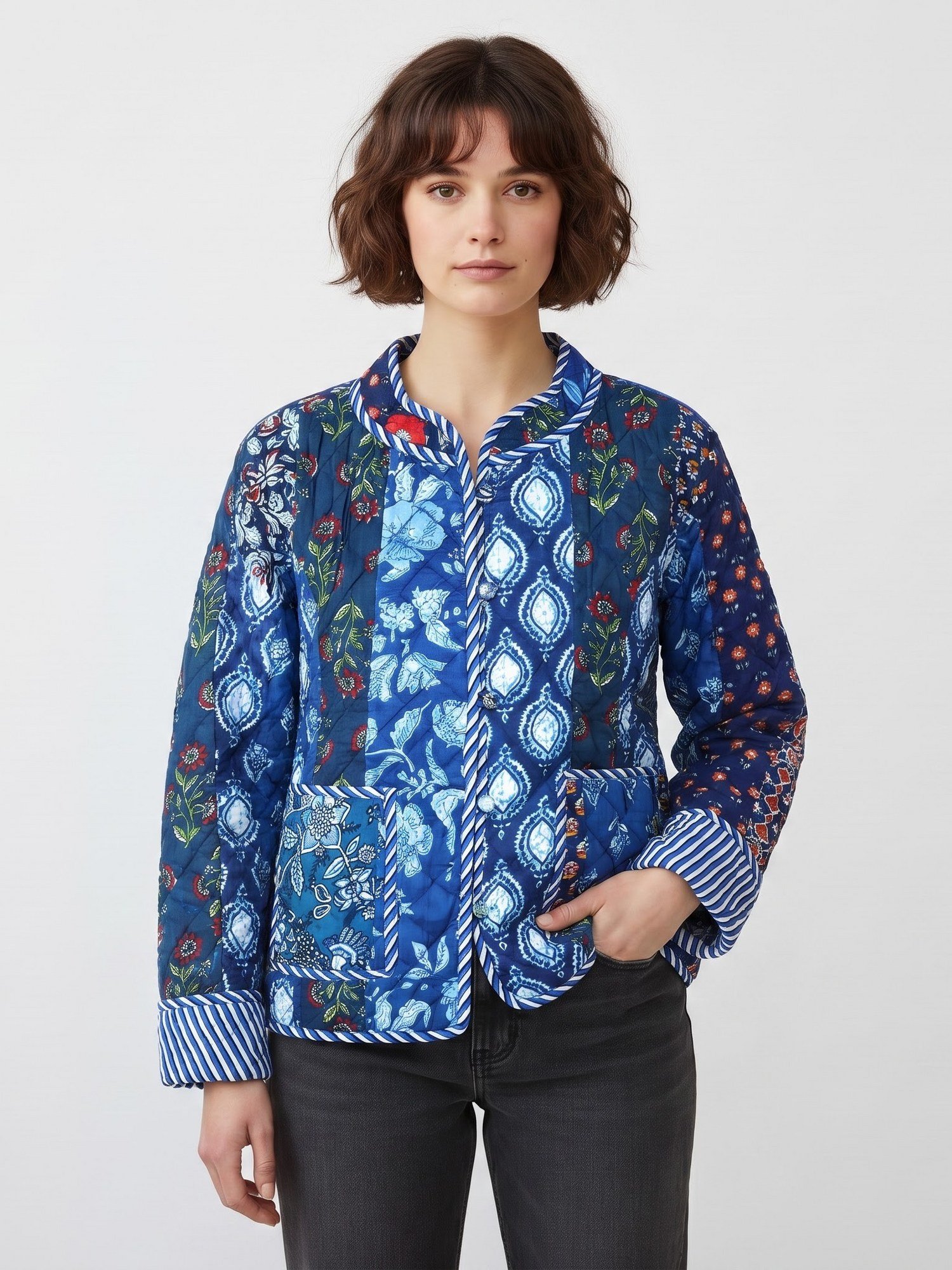 Simple & Premium Patchwork Style Cotton Quilted Jacket In Blue & Multicolor