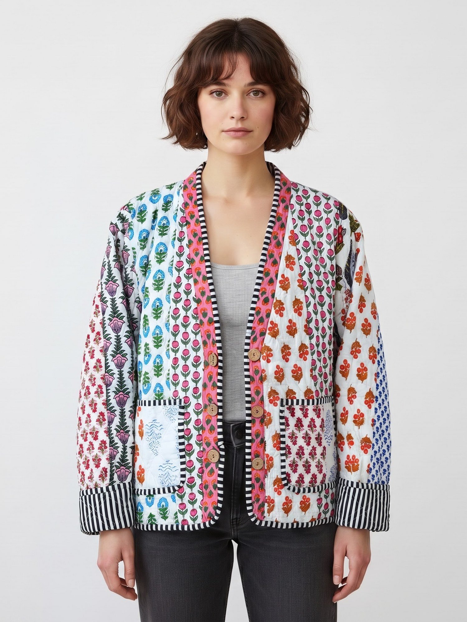 Sophisticated Patchwork Style Cotton Quilted Jacket In Multicolor