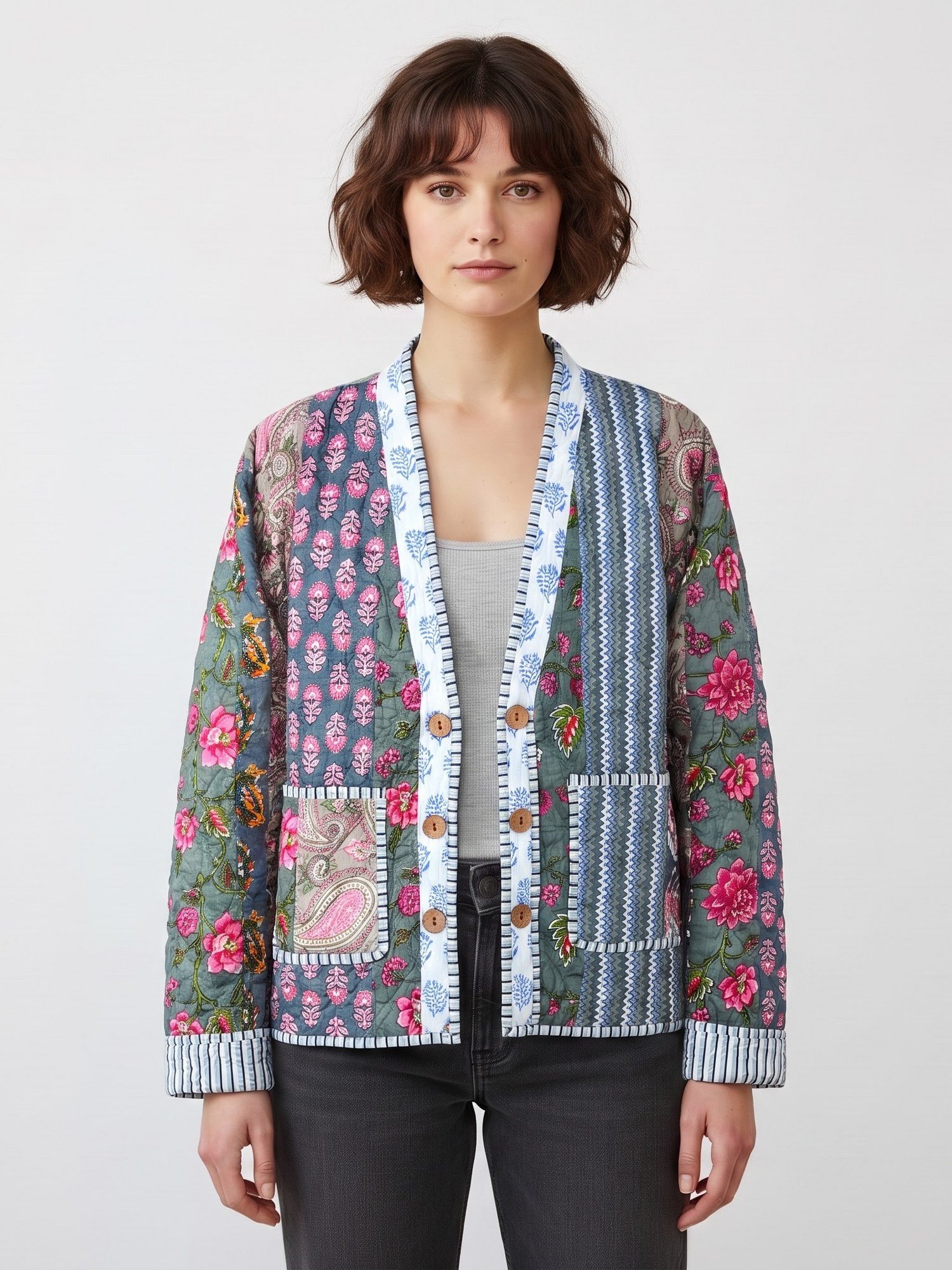 The Artisanal Patchwork Style Cotton Quilted Jacket In Purple & Multicolor - Image 2