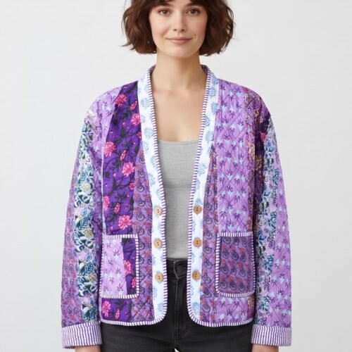 The Artisanal Patchwork Style Cotton Quilted Jacket In Purple & Multicolor