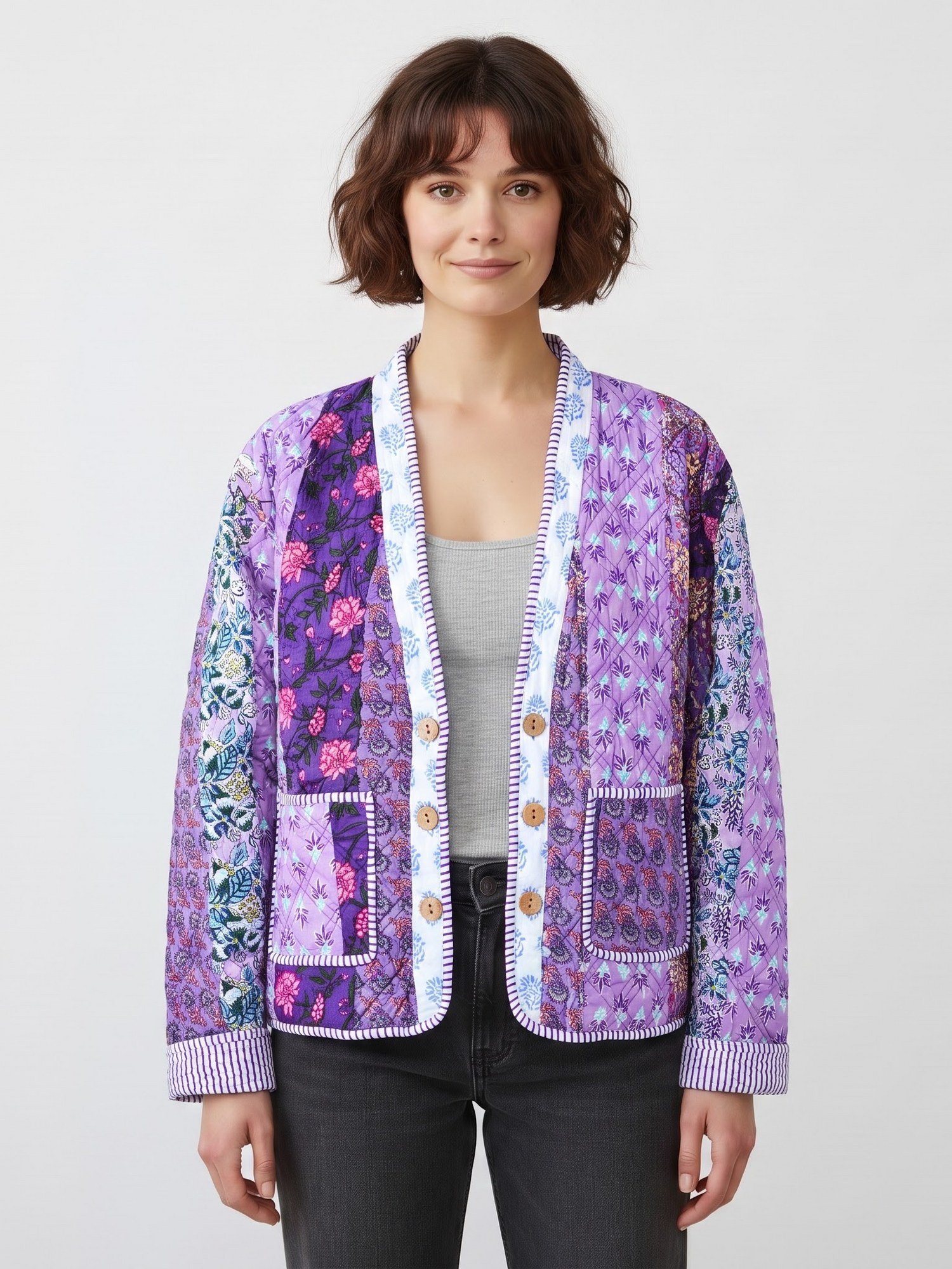 The Artisanal Patchwork Style Cotton Quilted Jacket In Purple & Multicolor