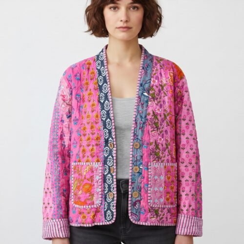 The Textile Story Patchwork Style Cotton Quilted Jacket In Pink & Multicolor