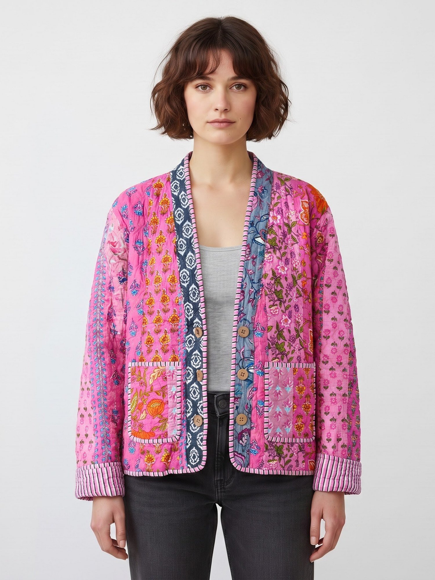 The Textile Story Patchwork Style Cotton Quilted Jacket In Pink & Multicolor
