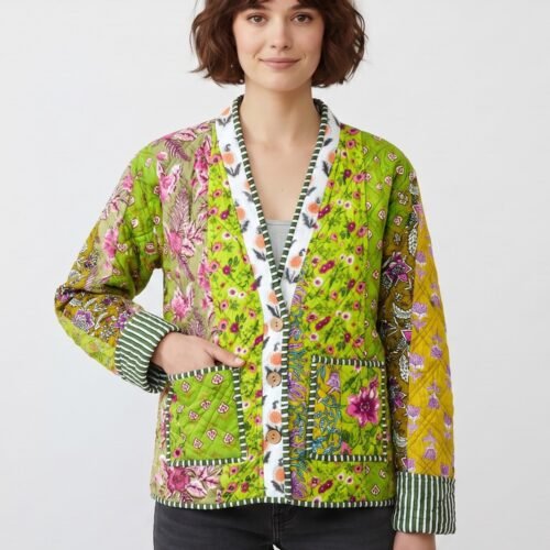 The Florence Patchwork Style Cotton Quilted Jacket In Green & Multicolor