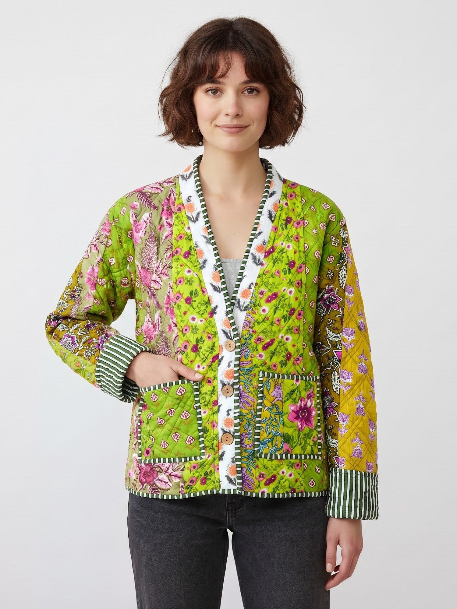 The Florence Patchwork Style Cotton Quilted Jacket In Green & Multicolor
