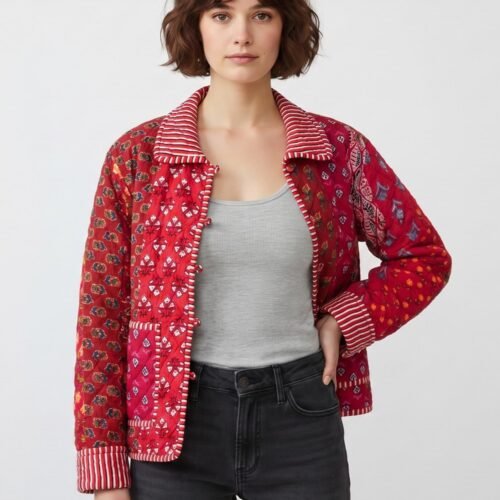 Stylish Patchwork Style Cotton Quilted Jacket In Red & Multicolor