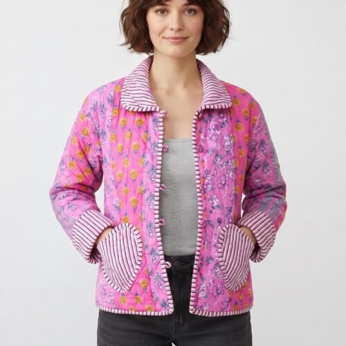 Classic & Comfort Patchwork Style Cotton Quilted Jacket In Pink & Multicolor