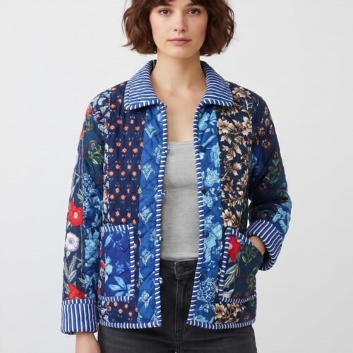 The Aura Patchwork Style Cotton Quilted Jacket In Blue & Multicolor