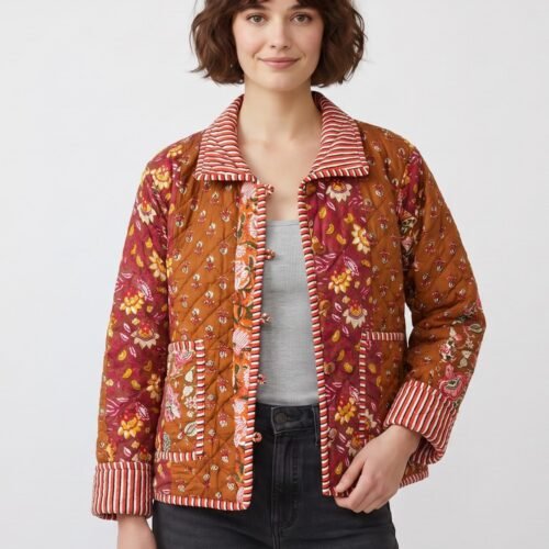Beautiful Patchwork Style Cotton Quilted Jacket In Rust & Multicolor