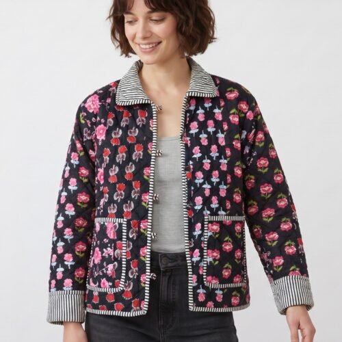 Beauty In Black Patchwork Style Cotton Quilted Jacket In Black & Multicolor