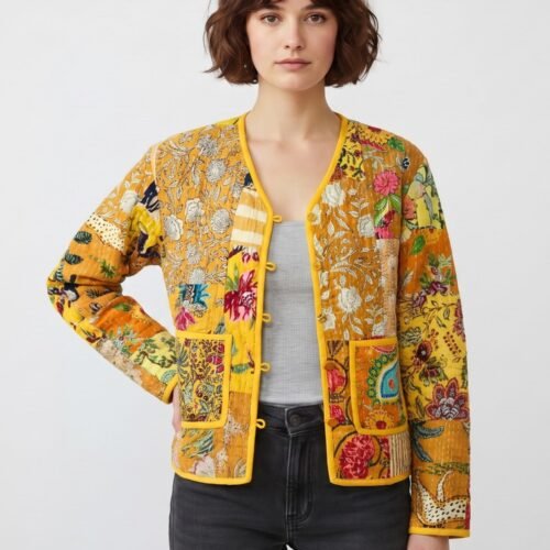 Soul Stitch Patchwork Style Cotton Quilted Jacket In Yellow & Multicolor