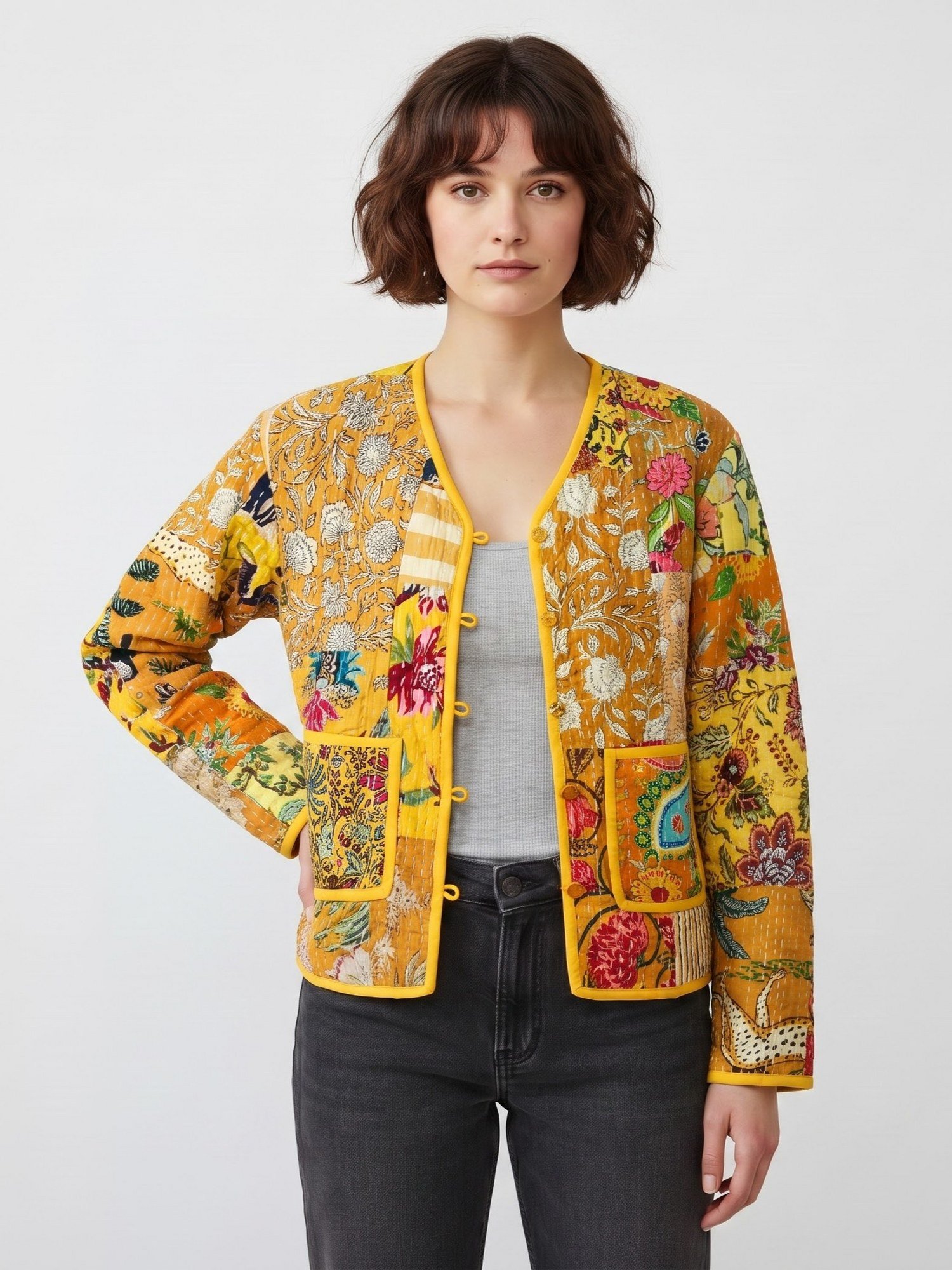 Soul Stitch Patchwork Style Cotton Quilted Jacket In Yellow & Multicolor