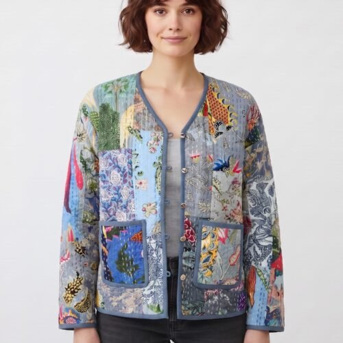 Happy Bloom Patchwork Style Cotton Quilted Jacket In Blue & Multicolor