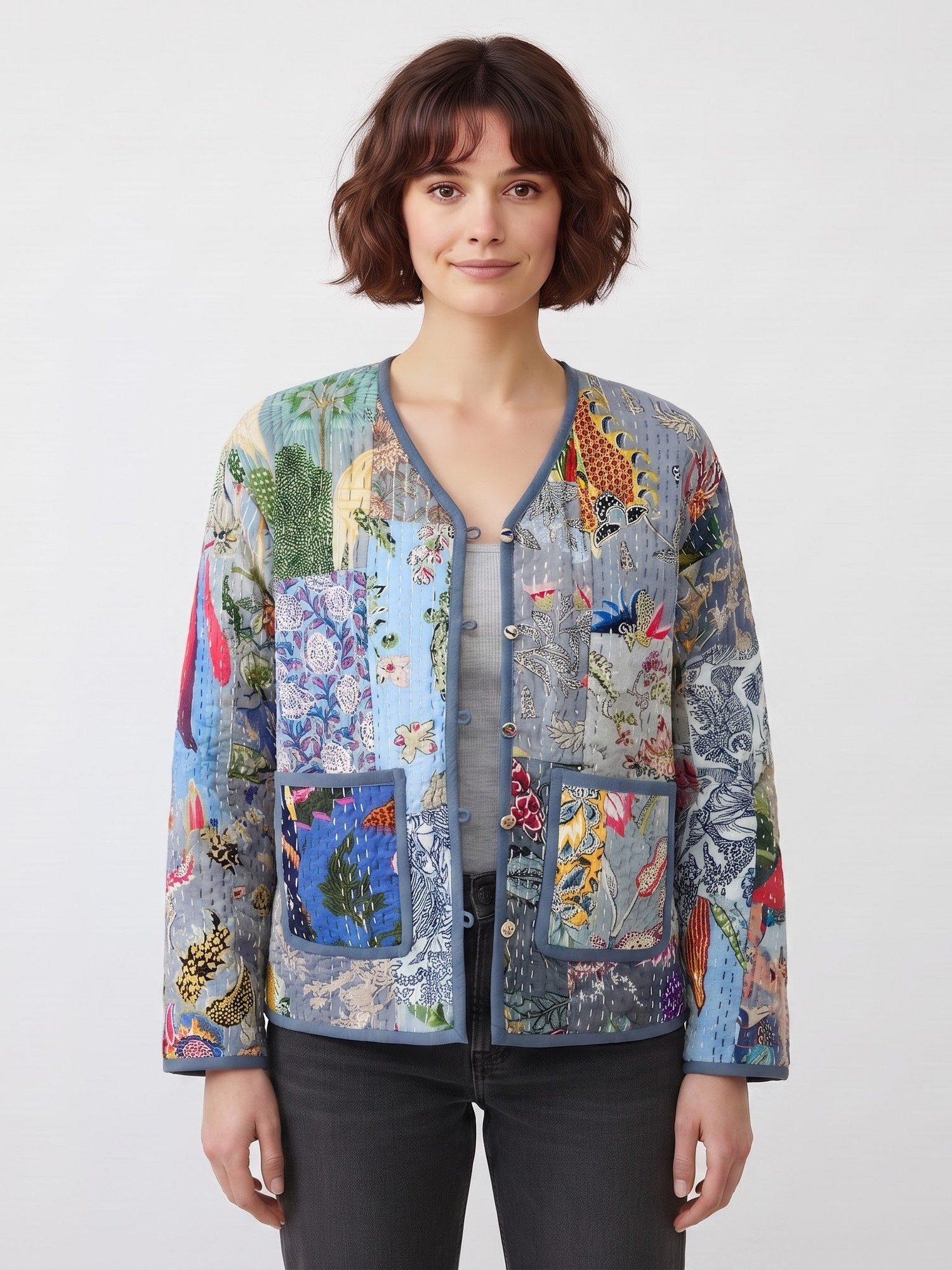 Happy Bloom Patchwork Style Cotton Quilted Jacket In Blue & Multicolor