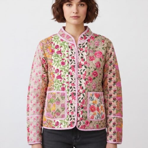 Simple Bloom Patchwork Style Cotton Quilted Jacket In Multicolor