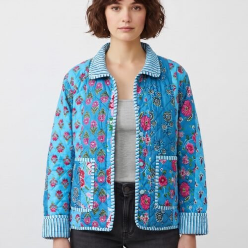 Soft & Stylish Patchwork Style Cotton Quilted Jacket In Sky blue & Multicolor