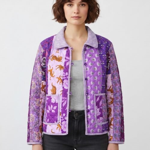 Indian Patchwork Style Cotton Quilted Jacket In Purple & Multicolor