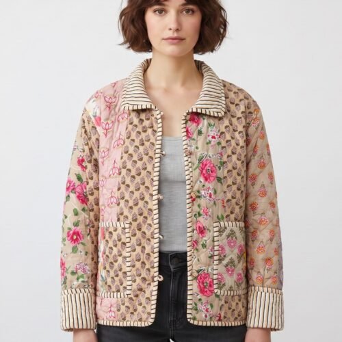 The Haven Patchwork Style Cotton Quilted Jacket In Beige & Multicolor