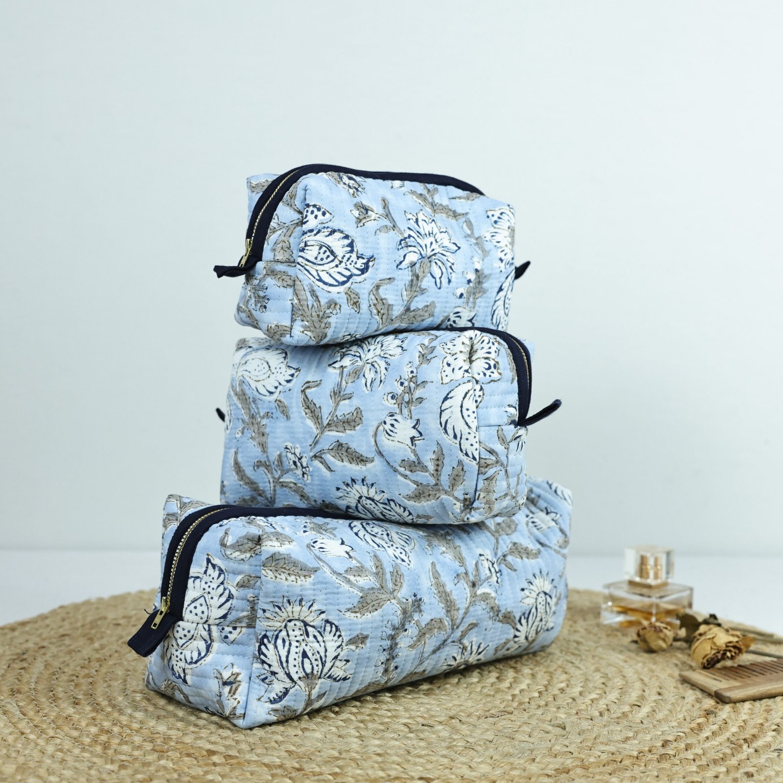 Powder Blue Floral Jaal Printed Set Of 3 Cotton Toiletry Pouches