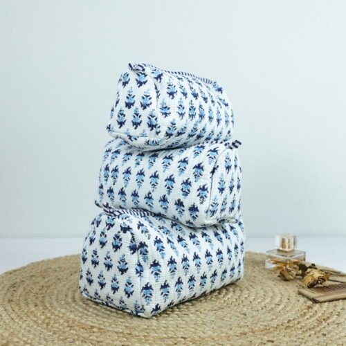 White And Blue Small Buta Set Of 3 Cotton Toiletry Pouches