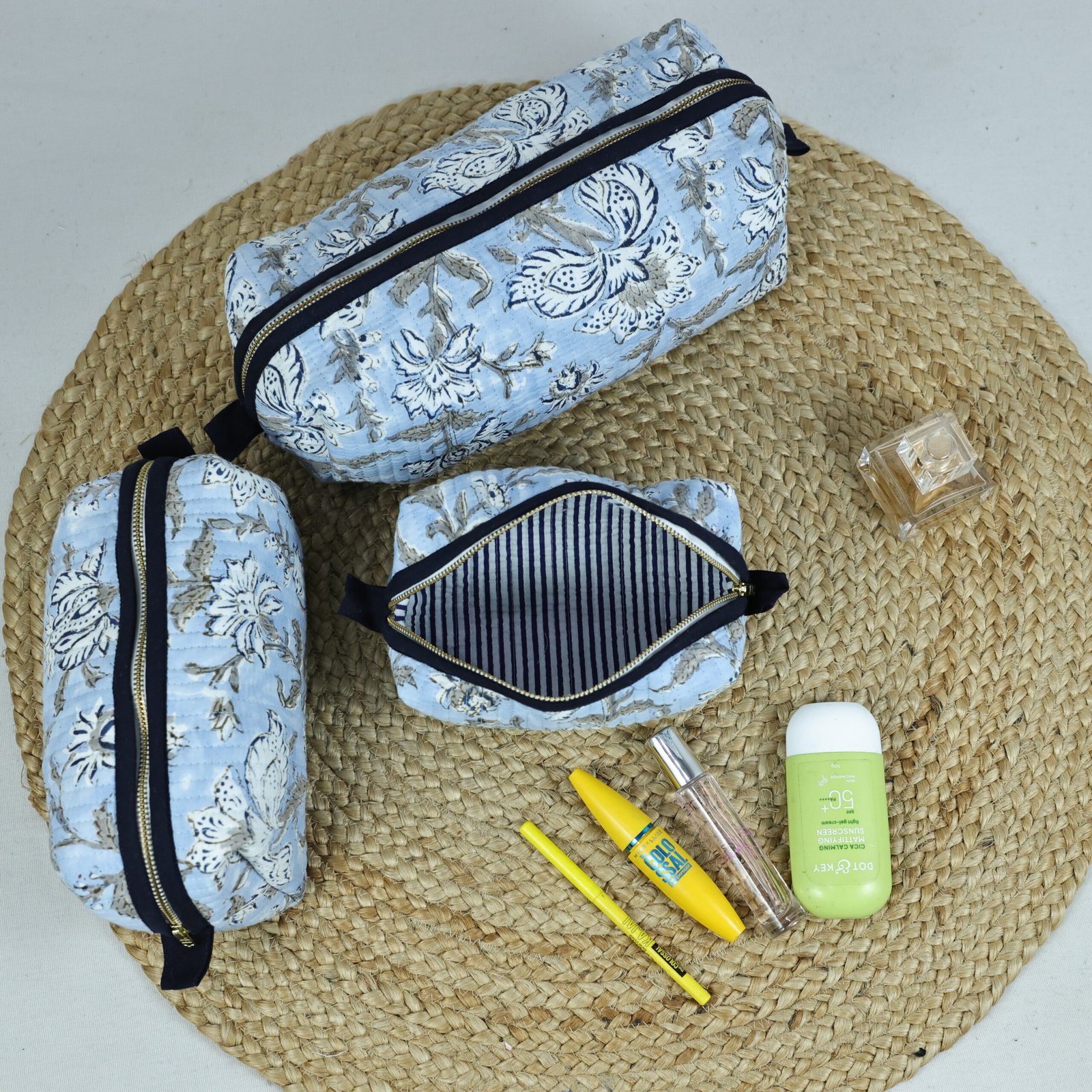 Powder Blue Floral Jaal Printed Set Of 3 Cotton Toiletry Pouches - Image 2